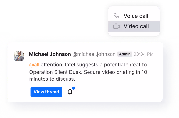 Chat message from Michael Johnson, admin, warning of a potential threat to Operation Silent Dusk and announcing a secure video briefing in 10 minutes, with buttons for viewing thread and call options.